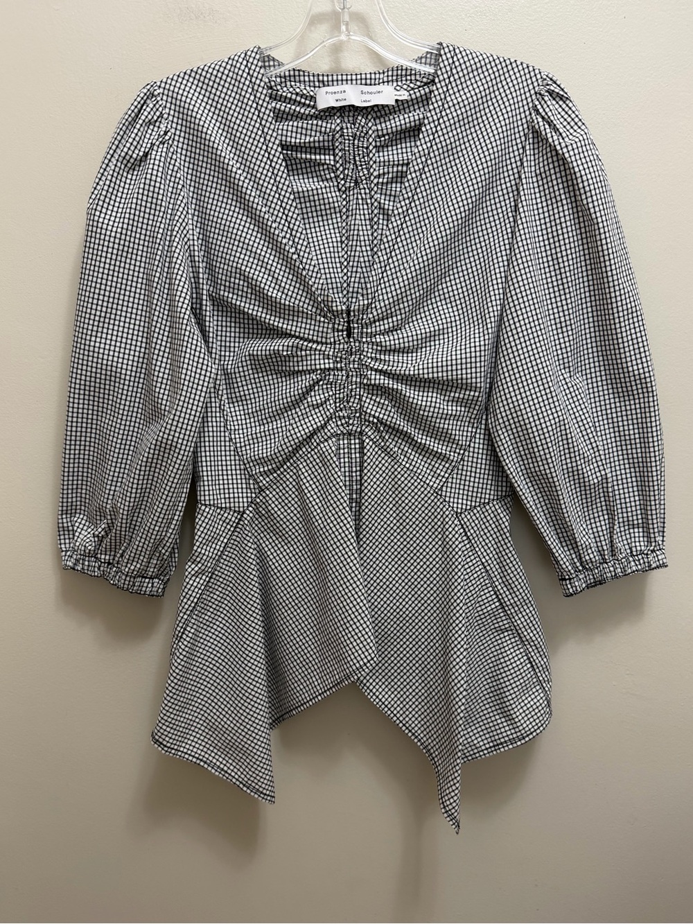 Proenza Schouler White Label Top Puff Sleeve  Handkerchief Hem Gingham Black - Picture 2 of 10